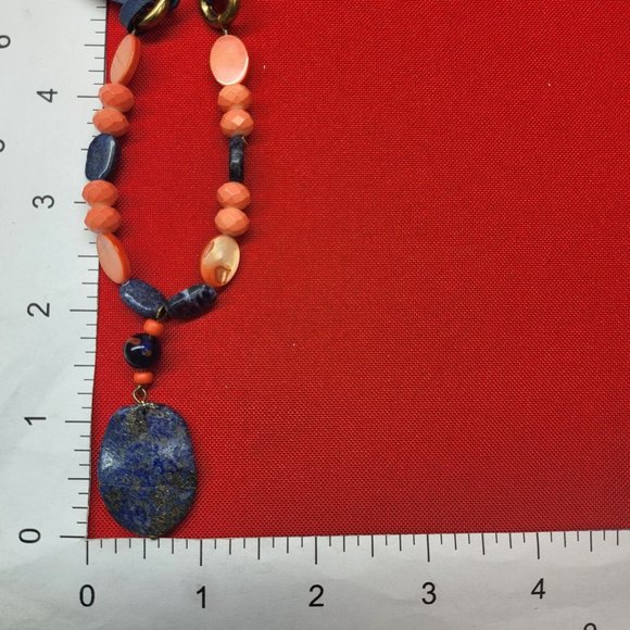 Blue Gemstone Orange Beads Blue Cord Necklace Boho Chic - Picture 4 of 9